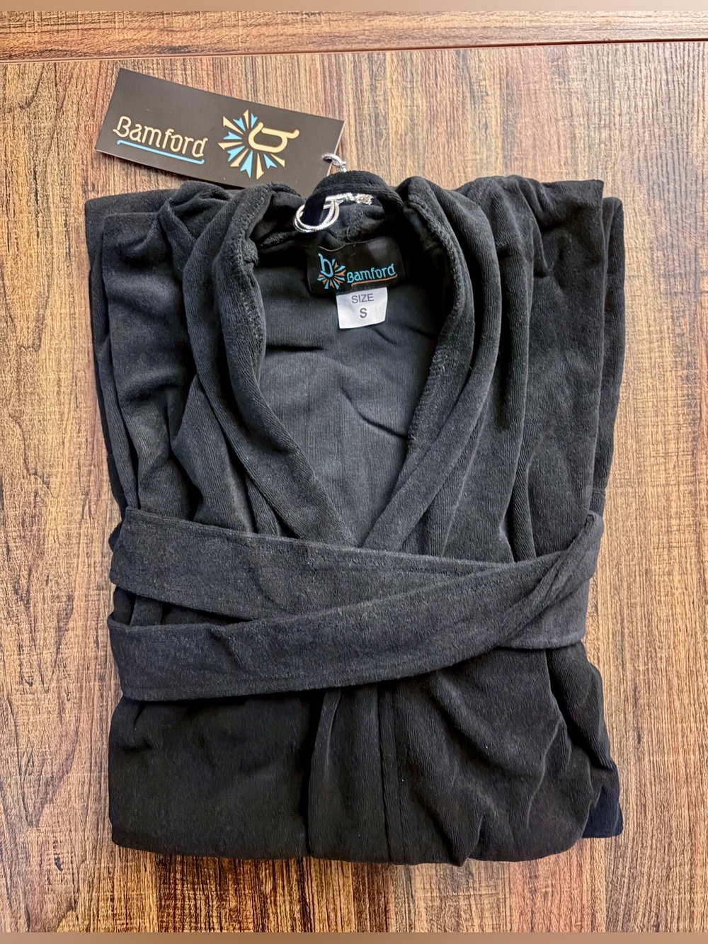 NWT Bamford Black French Terry Hooded Bathrobe Belted Lounge Robe Womens Size S - Picture 4 of 8